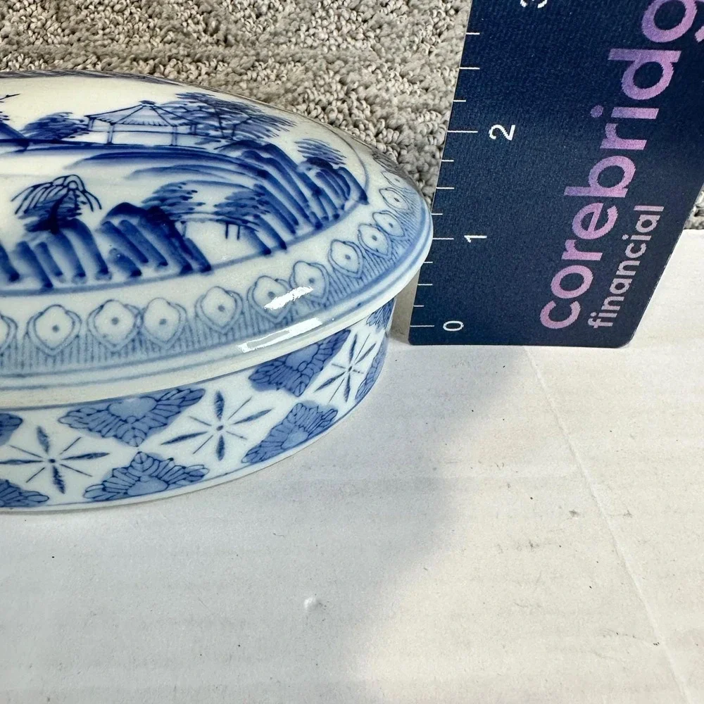 Vintage Blue White Oriental Landscape‎ Decorative Trinket Box Oval Lid